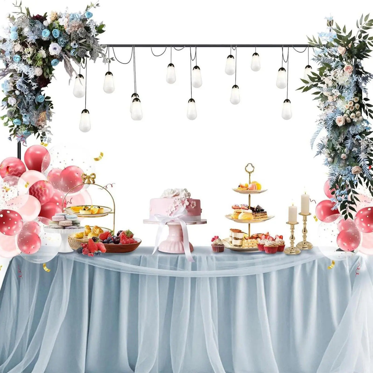 A decorative balloon arch stand with hanging balloons and floral arrangements for parties and events