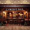 A rustic wooden bar scene with bottles and decor set in a barn style for a party backdrop.