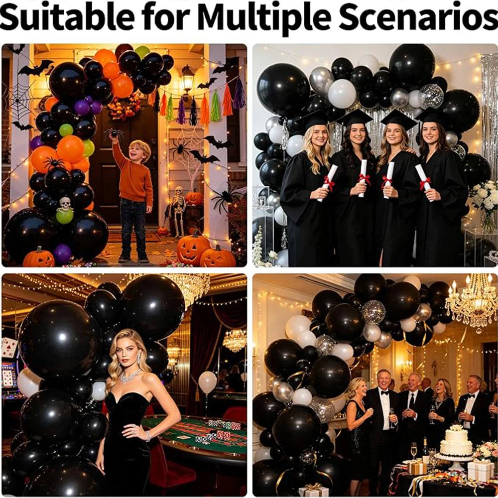 A black balloon garland arch kit with various balloons and decorations for parties.