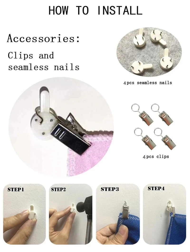 Instrucciones para instalar accesorios como clips y uñas sin costura en una decoración de pared de tapiz.