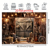 2D flat printing of a western barn door photo backdrop featuring cowboy hats and horses