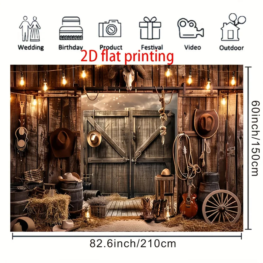 2D flat printing of a western barn door photo backdrop featuring cowboy hats and horses