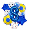 A collection of blue and yellow football-shaped helium foil balloons for birthday party decorations.