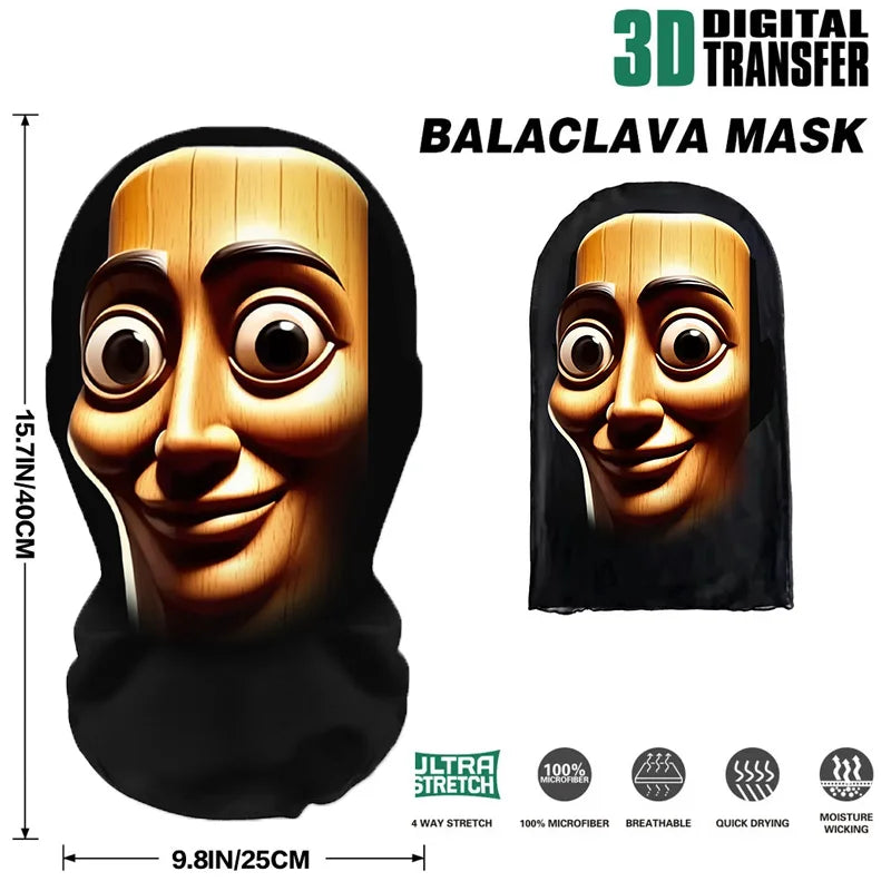 A black 3D digital transfer Balaclava mask featuring a realistic wooden face design.
