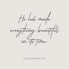 A minimalist design featuring the Bible verse Ecclesiastes 3:11 written in elegant script on a light beige background.