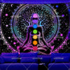 UV reactive chakra lotus tapestry wall hanging featuring a silhouette of a meditating figure within an ornate circle against 