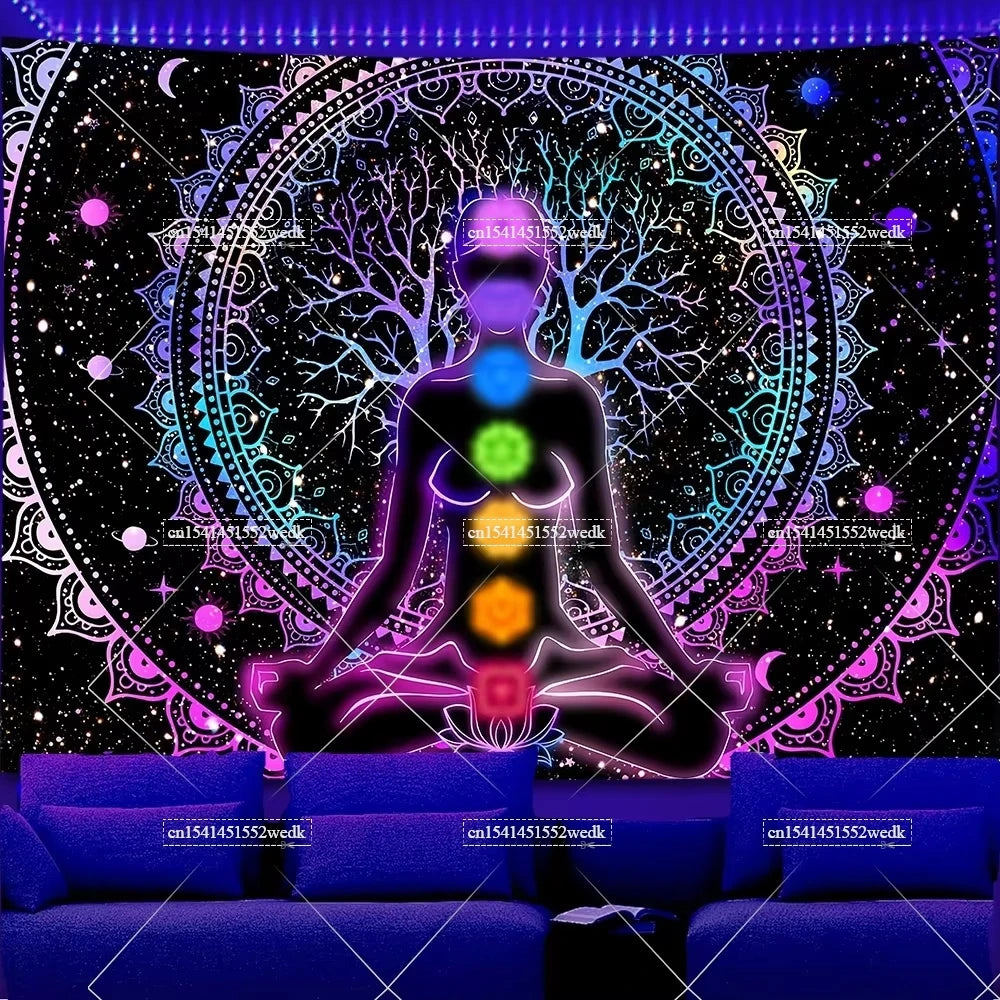 UV reactive chakra lotus tapestry wall hanging featuring a silhouette of a meditating figure within an ornate circle against 