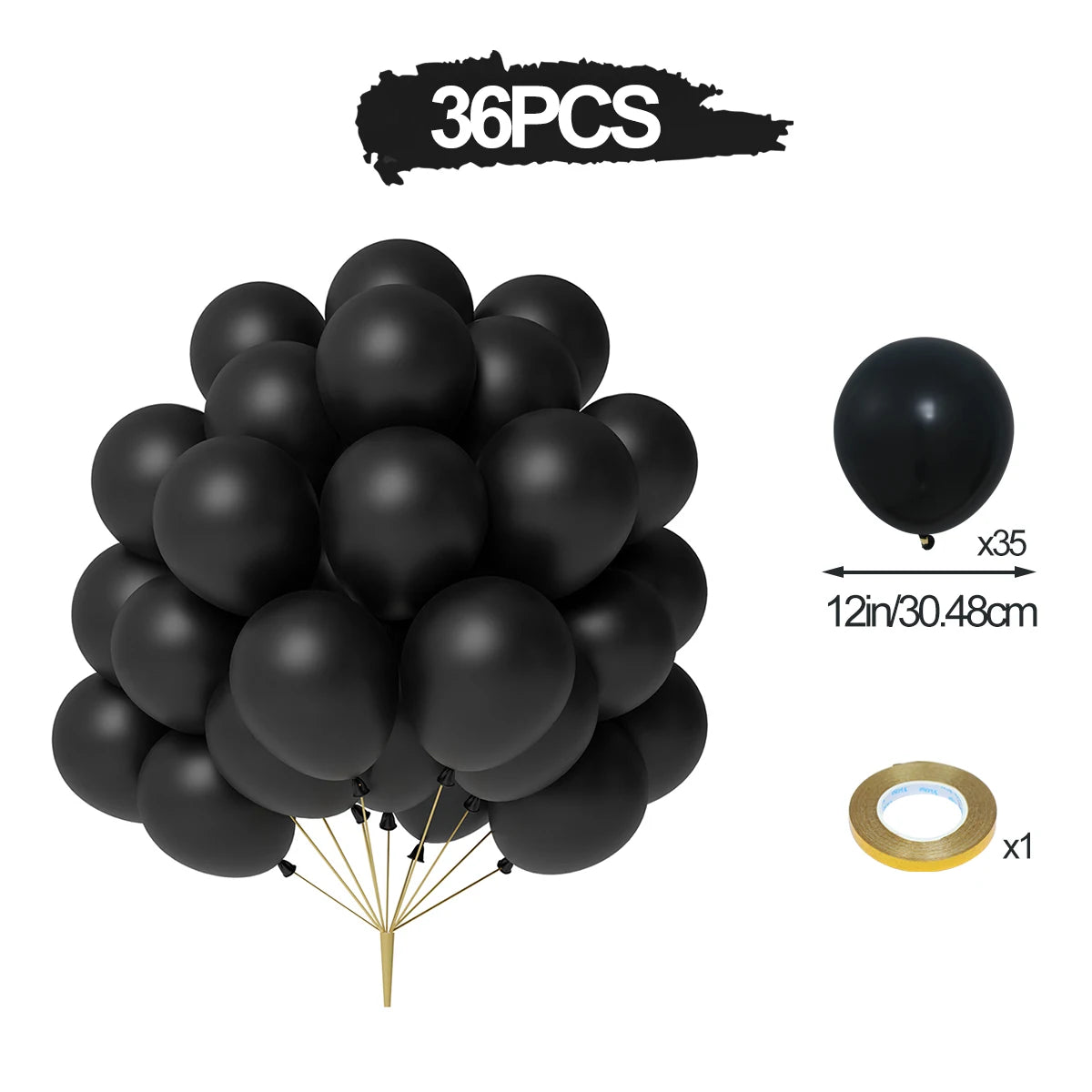 A bunch of 36 black balloons with gold confetti accents and a gold straw for party decor.