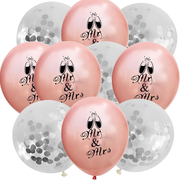 A pack of ten rose gold and silver latex confetti balloons featuring Mr & Mrs designs