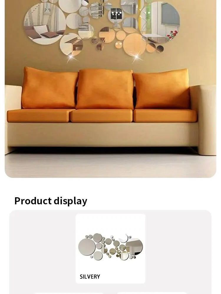 A sofa in a light beige color is positioned below a wall decorated with a circular mirror art set.