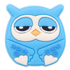 A cute blue owl PVC shoe charm featuring large eyes and detailed feathers.