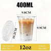A clear plastic cup filled with iced coffee or beverage, showing its dimensions and included straw.