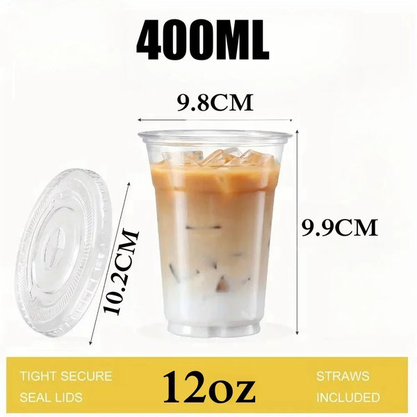 A clear plastic cup filled with iced coffee or beverage, showing its dimensions and included straw.