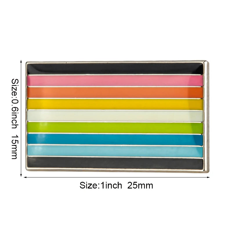 A rectangular pin holder displaying a row of colorful pride flags in shades of pink, orange, yellow, green, blue, and teal.