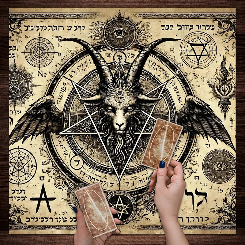 Hands hold an occult pentagram tablecloth featuring Hebrew runes and a winged creature design.