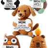 A collection of handcrafted crochet dog dolls with various expressions and outfits.