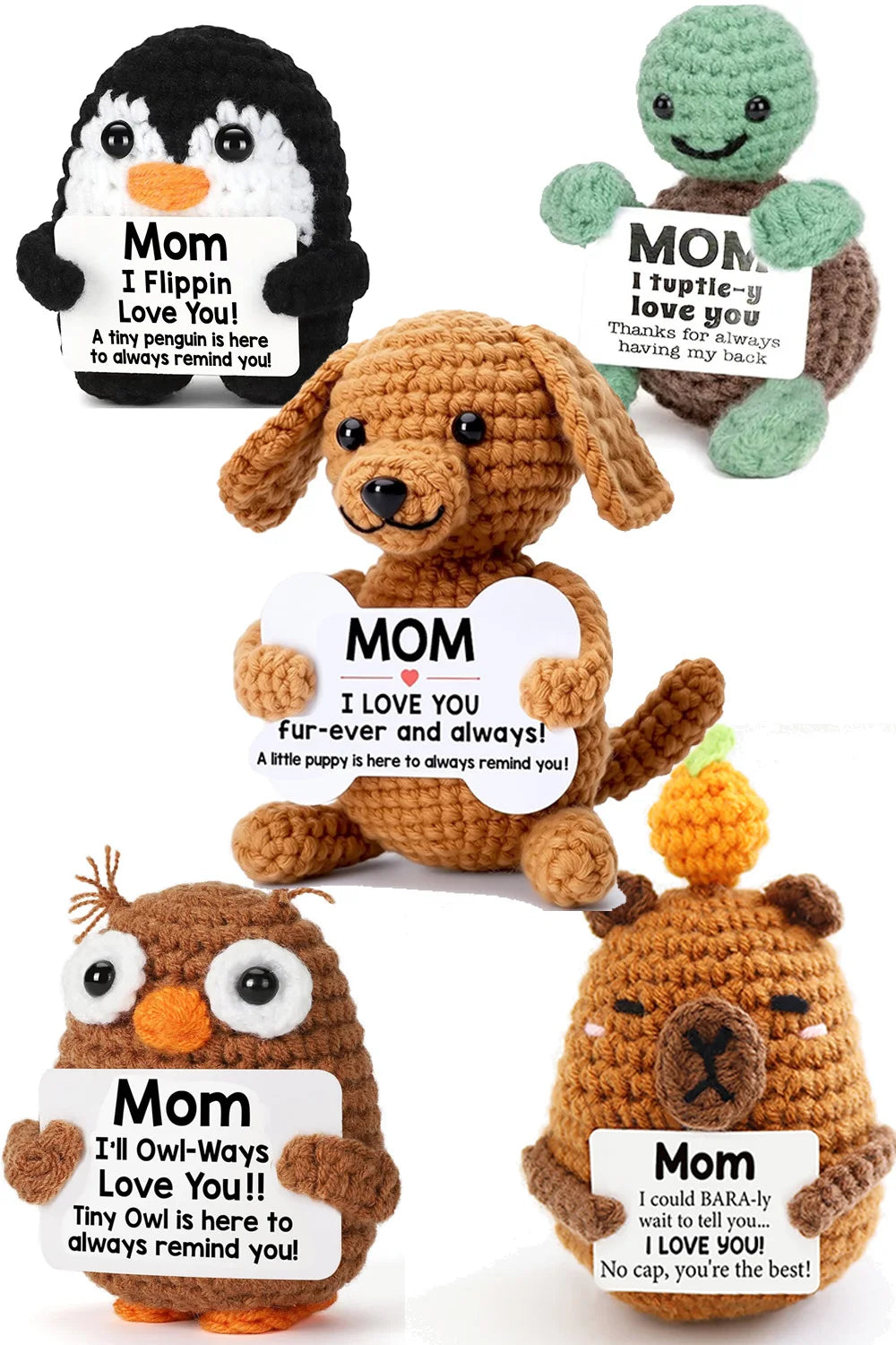 A collection of handcrafted crochet dog dolls with various expressions and outfits.