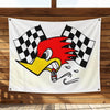 A graphic design featuring a stylized red and yellow rooster head with a black and white checkered flag.