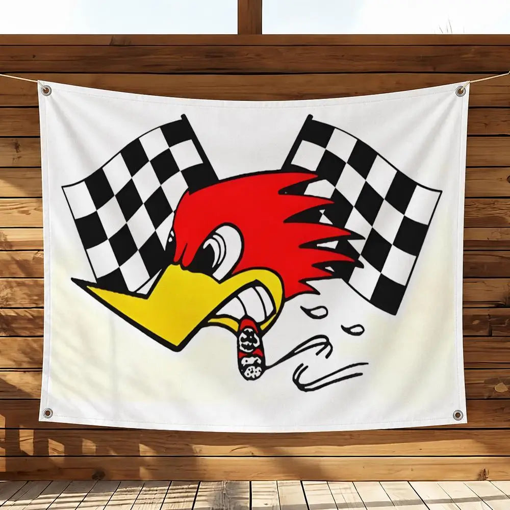 A graphic design featuring a stylized red and yellow rooster head with a black and white checkered flag.