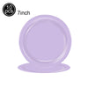 Ten purple disposable paper plates, 7 inches in diameter.
