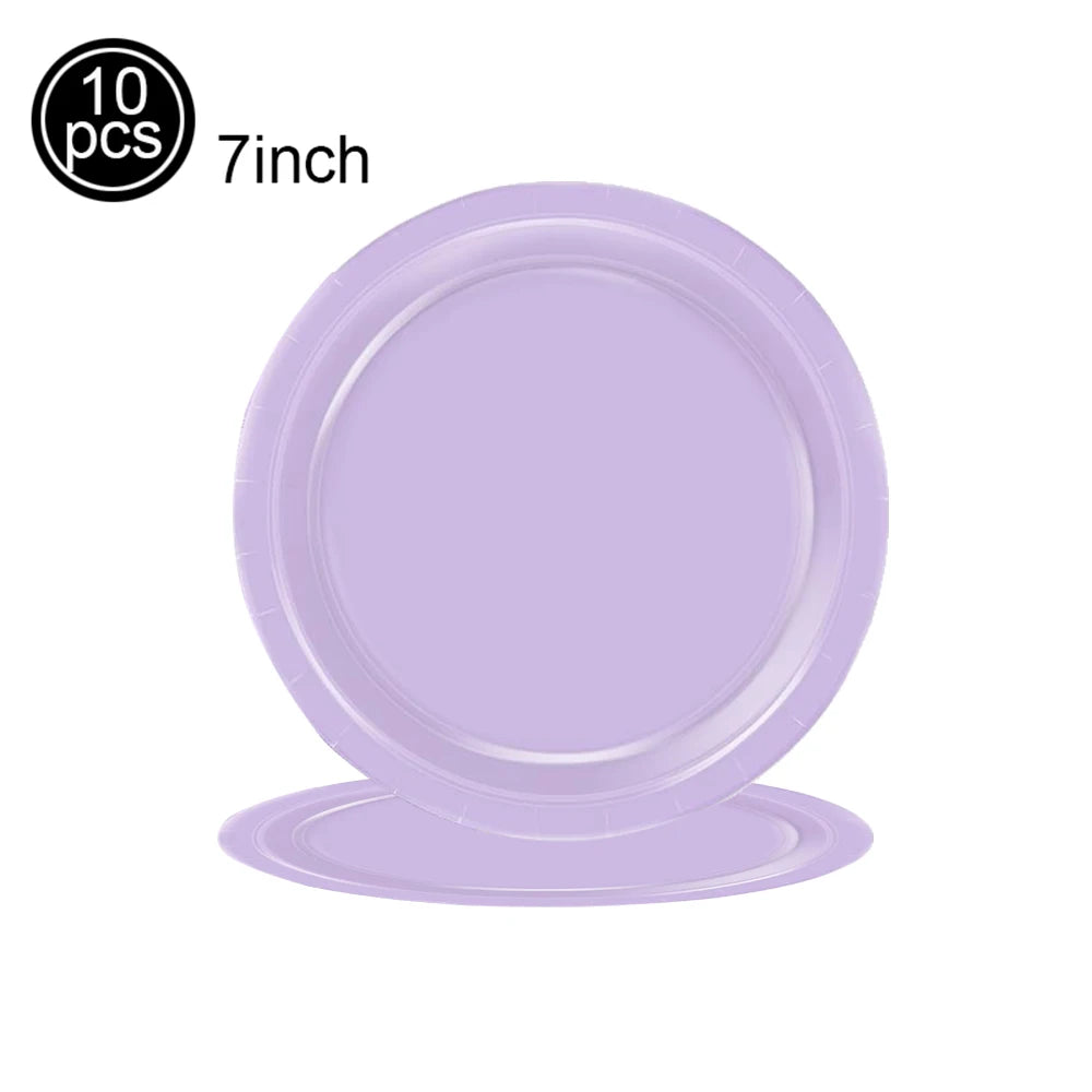 Ten purple disposable paper plates, 7 inches in diameter.