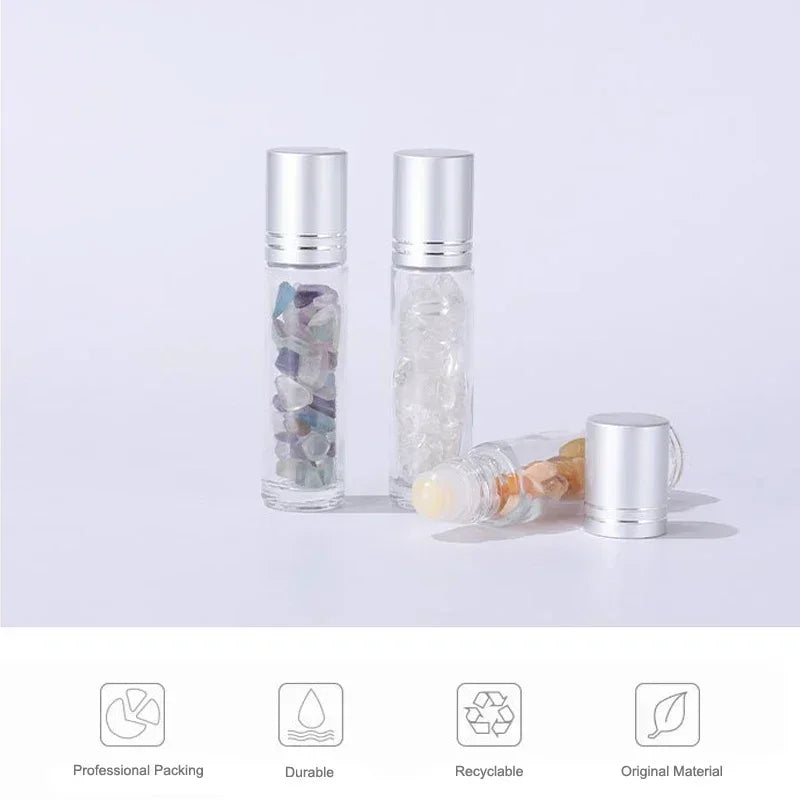 A set of ten 10ml refillable roll-on bottles containing semi-precious stone roller balls and a silver roller ball.