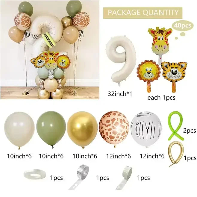 Jungle animal themed balloon party set including number balloons and various latex balloons