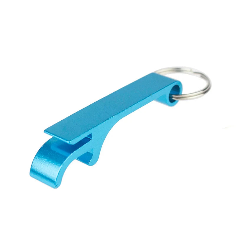 A blue aluminum bottle opener keychain with a split design.