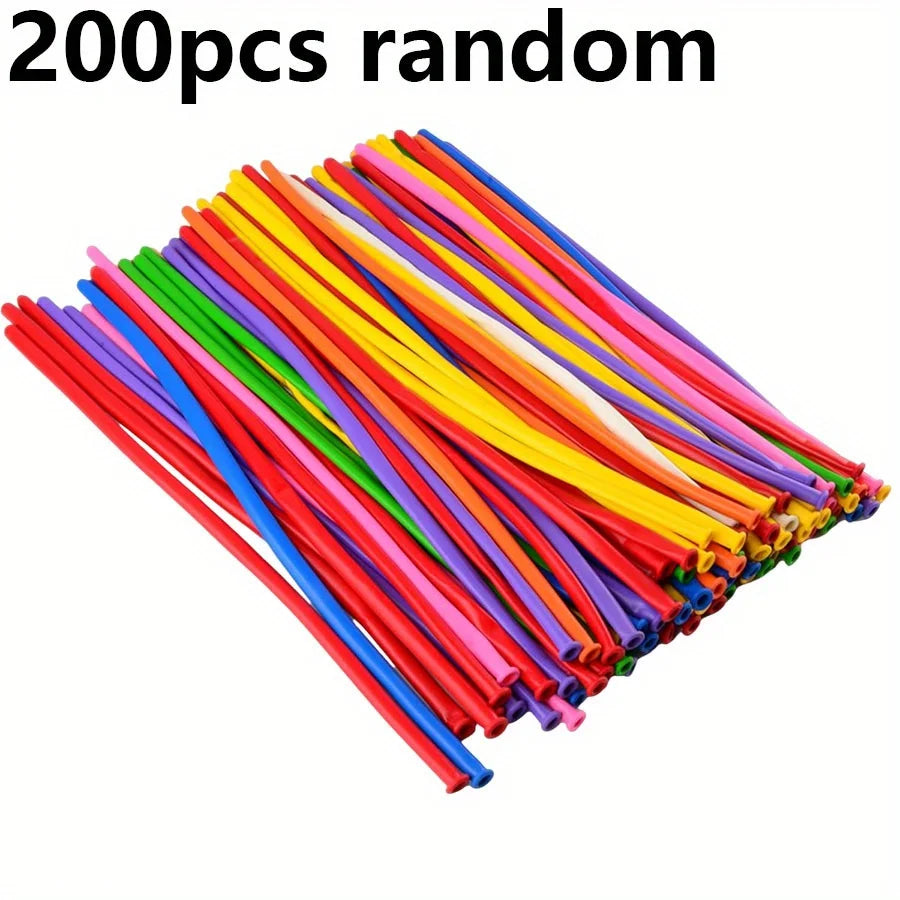 A pile of 200 random multicolor latex modeling balloons in various bright colors.