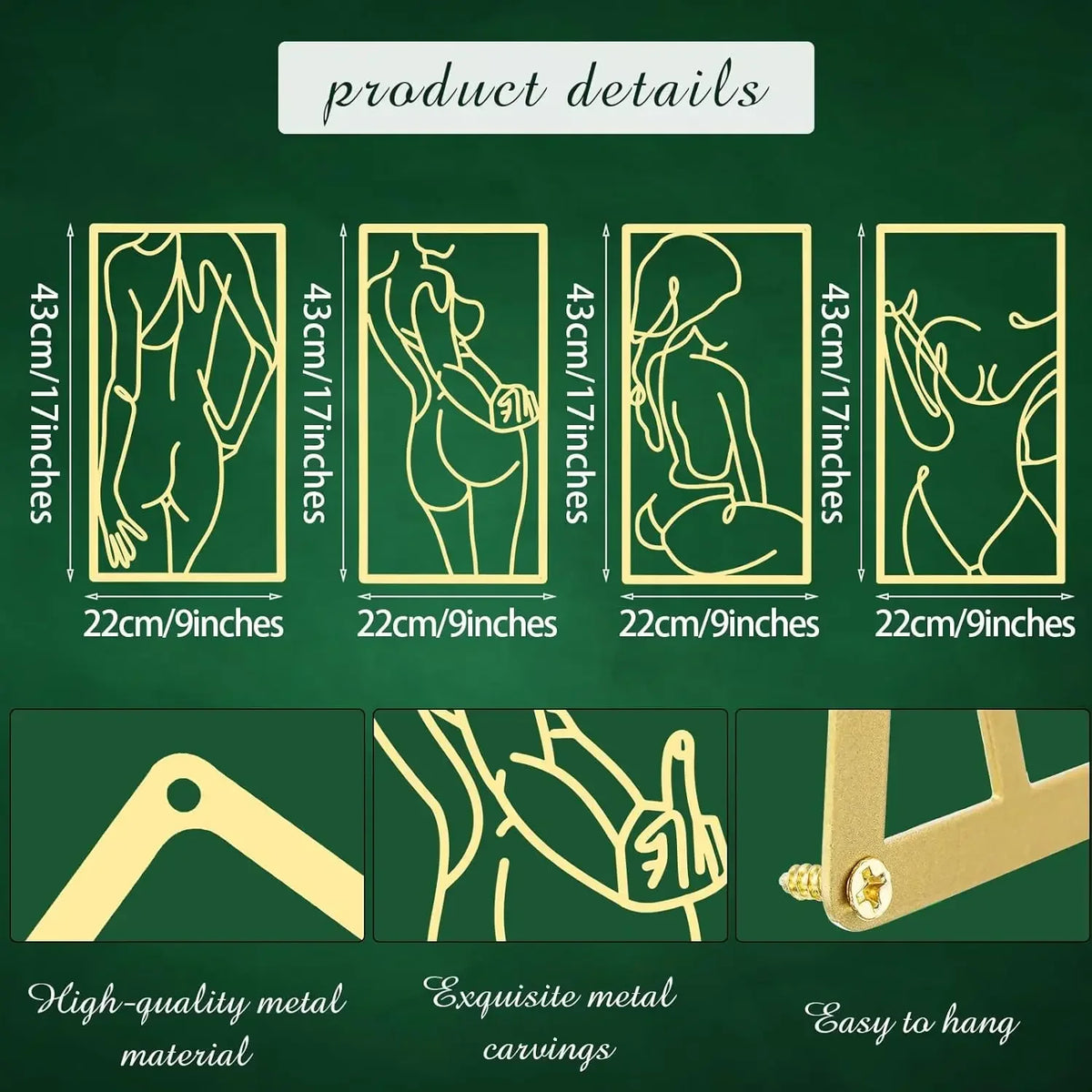 Set of four gold-colored metal line art wall decor pieces featuring female figures and abstract lines.