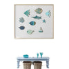 A collection of ten wooden hanging fish wall decorations in various shades of blue and green displayed on a white background.