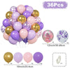 A kit of 36 balloons in various shades of pink and purple with gold accents and confetti details.