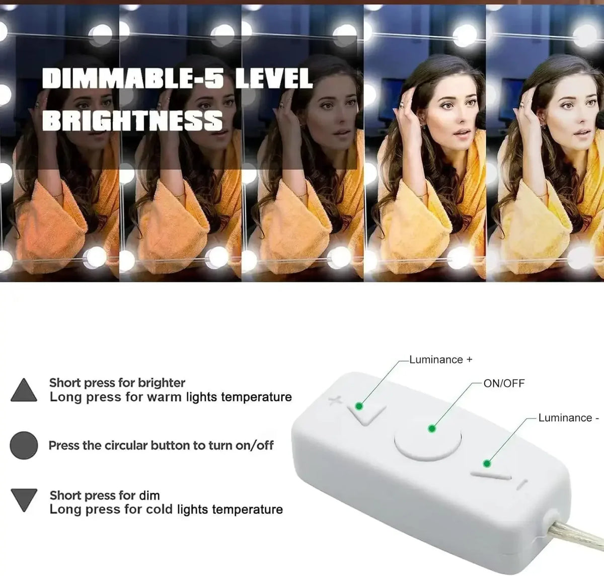 A white dimmer switch for an LED vanity mirror light, showing controls for brightness and color temperature.