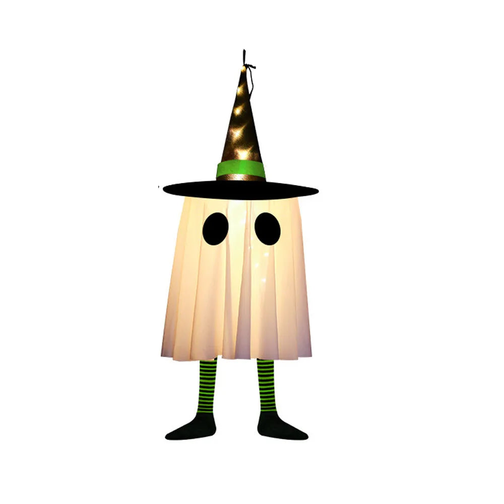 Halloween hanging ghost lights featuring a witch hat and a ghostly figure with green striped legs