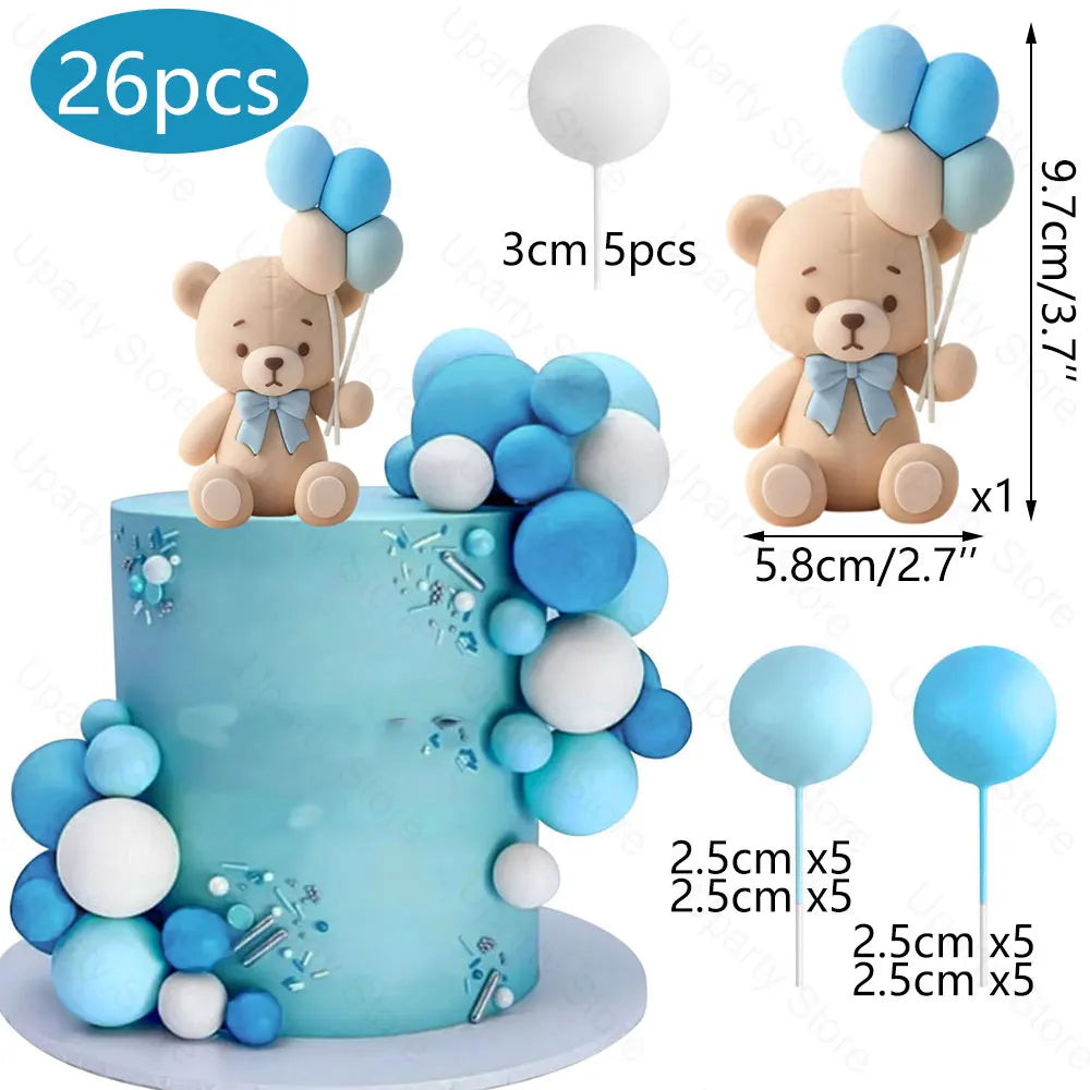 Blue air balloon bear cake toppers featuring foam balls and a bear figure