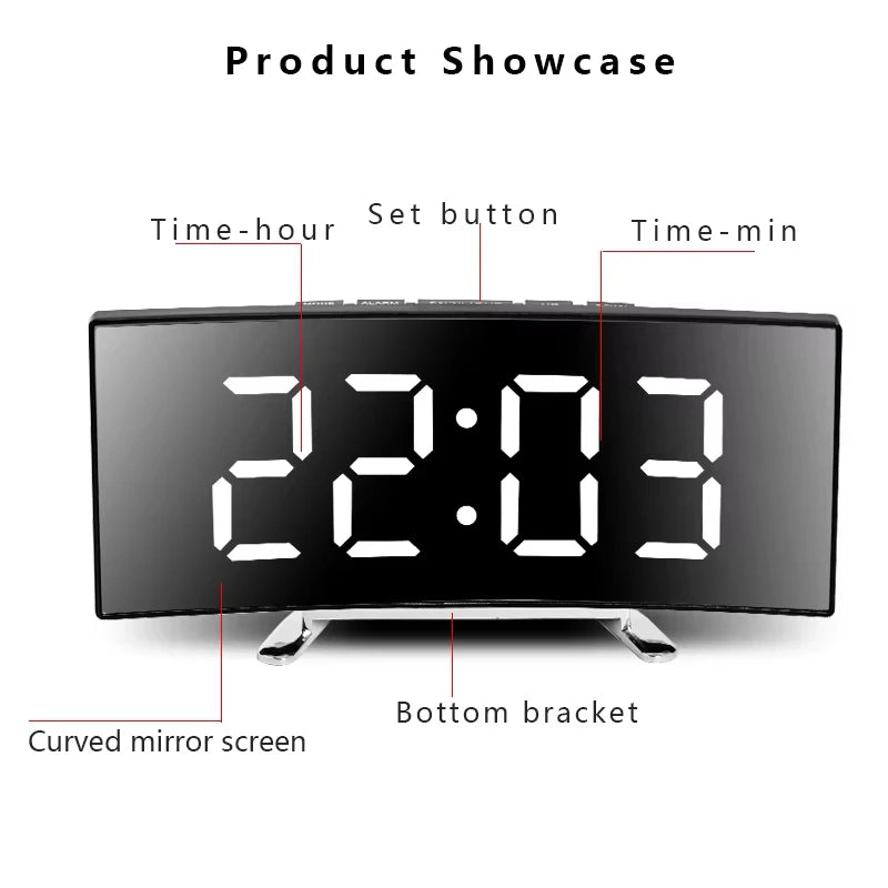 A black LED alarm clock display showing 22:03, featuring time-hour and time-min indicators.