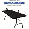 A black folding table with a 30-inch and 72-inch span is shown for indoor and outdoor use.