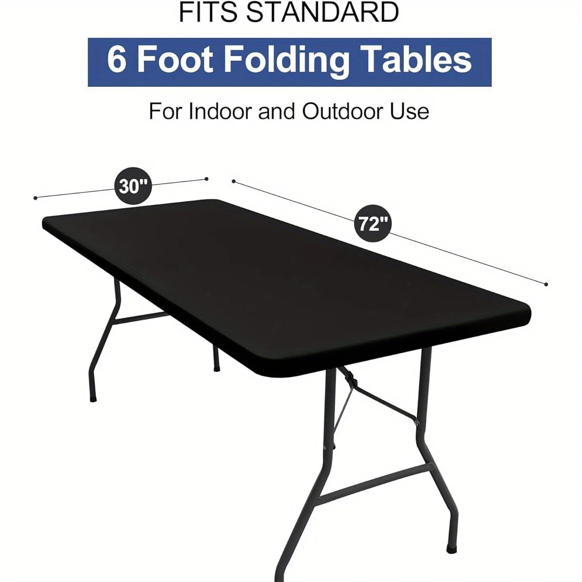 A black folding table with a 30-inch and 72-inch span is shown for indoor and outdoor use.