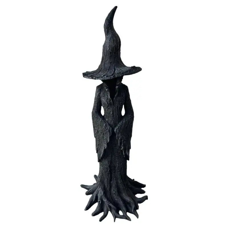A dark resin statue of a goddess with a tall, pointed hat and flowing, textured robes.