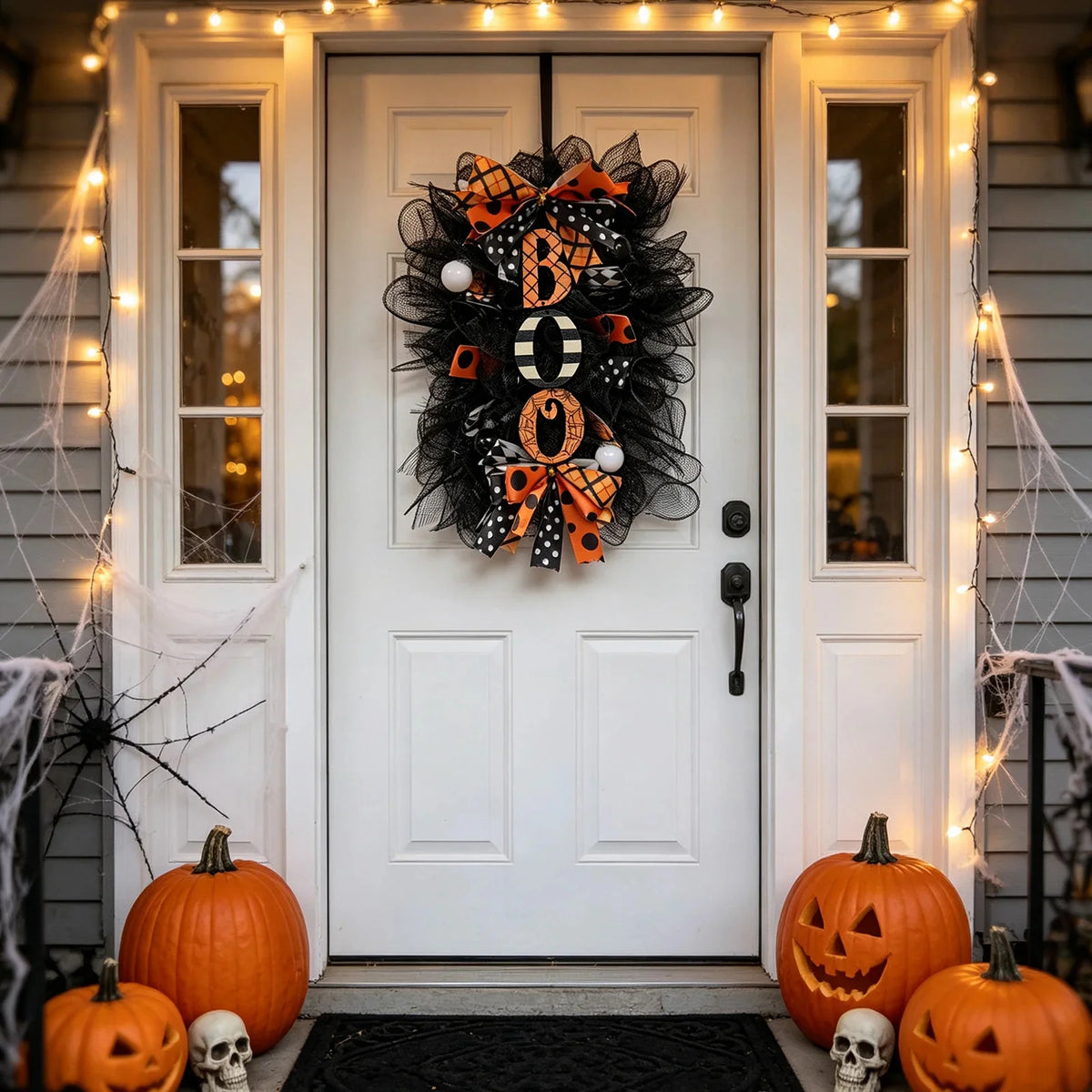 A Halloween door hanging featuring a black wreath with orange and black accents, surrounded by string lights and pumpkins.