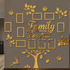 A gold-colored wall collage featuring a family tree design with leaves and framed shapes.