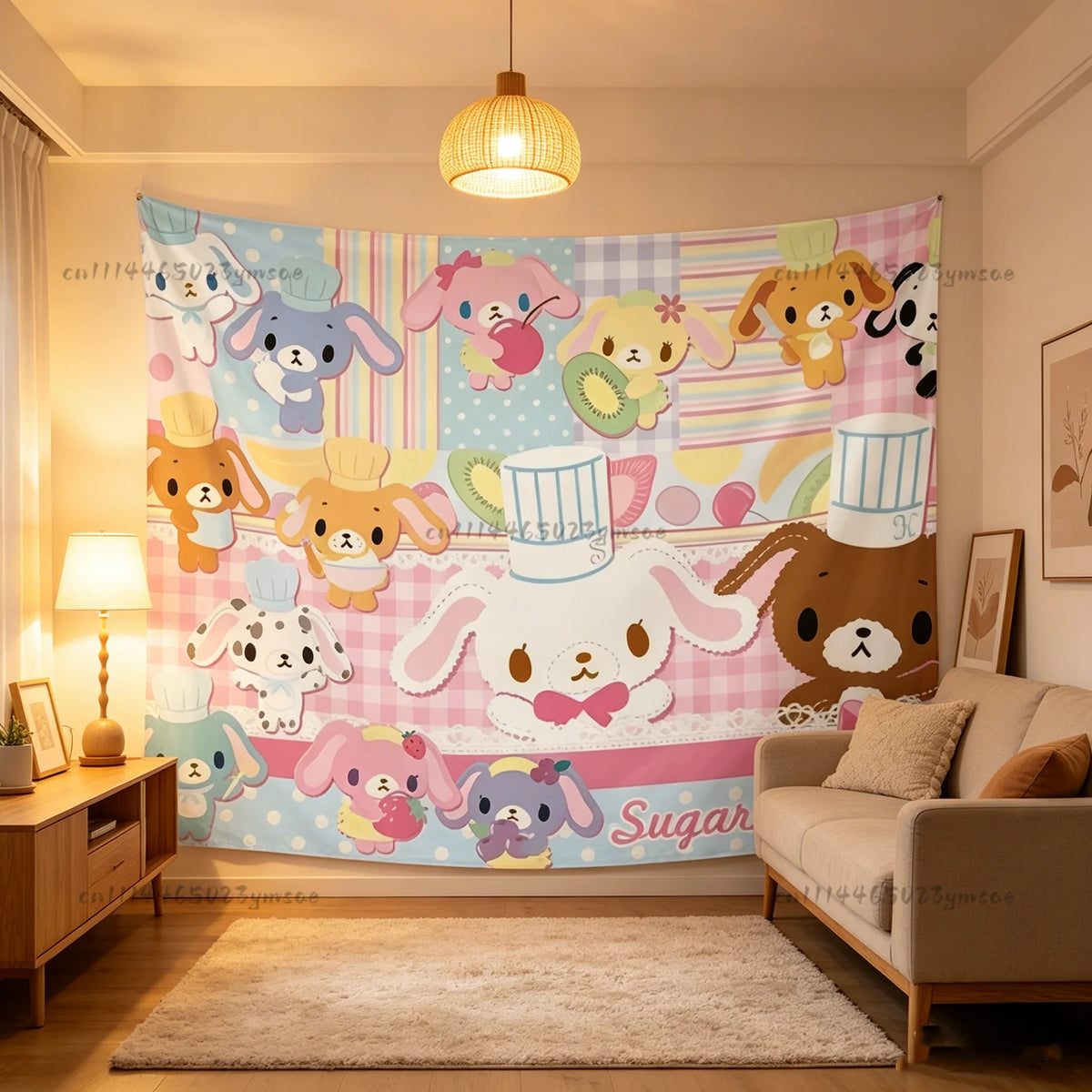 A colorful tapestry featuring pink cartoon animals like elephants, pandas, and dogs for bedroom decor.