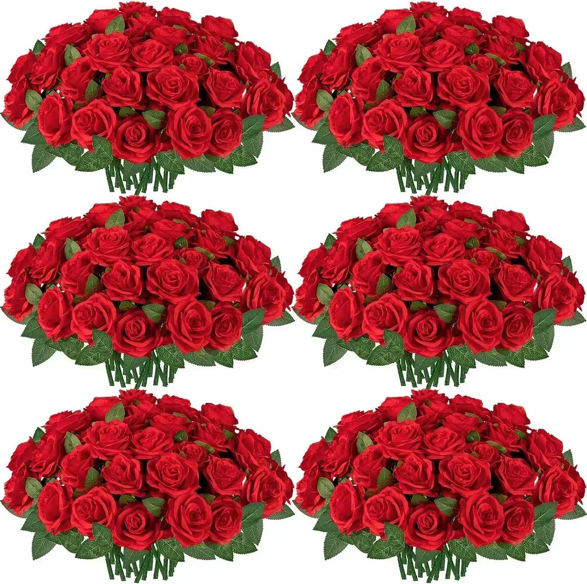 A bouquet of red artificial silk roses in a green arrangement.