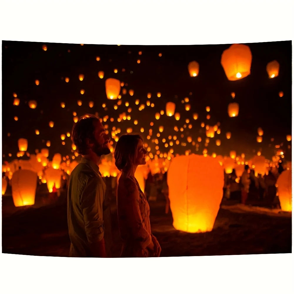 A dark night scene filled with numerous glowing orange lanterns illuminating a crowd.