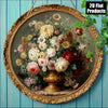 Round vintage floral wall art featuring a dense arrangement of roses and greenery in muted tones.