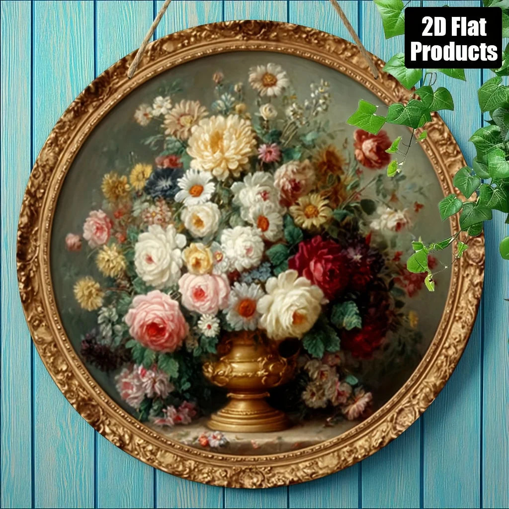 Round vintage floral wall art featuring a dense arrangement of roses and greenery in muted tones.