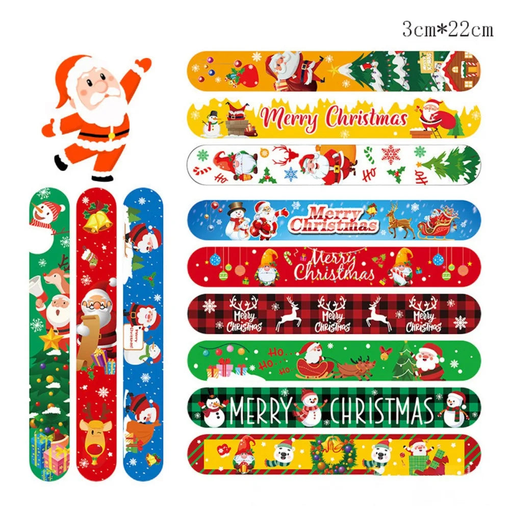 A collection of colorful Christmas cartoon slap bracelets for kids, featuring Santa, reindeer, and festive holiday designs.