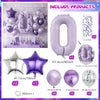 A collection of purple and silver balloons, including a large number zero balloon, star-shaped balloons, and ribbons for them