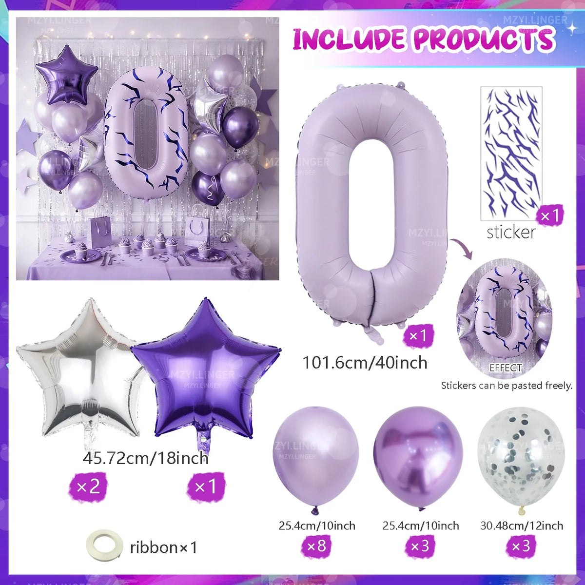 A collection of purple and silver balloons, including a large number zero balloon, star-shaped balloons, and ribbons for them