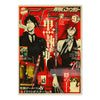 A vertical poster featuring characters from JoJo, Jujutsu Kaisen, and Demon Slayer in a red and black design.